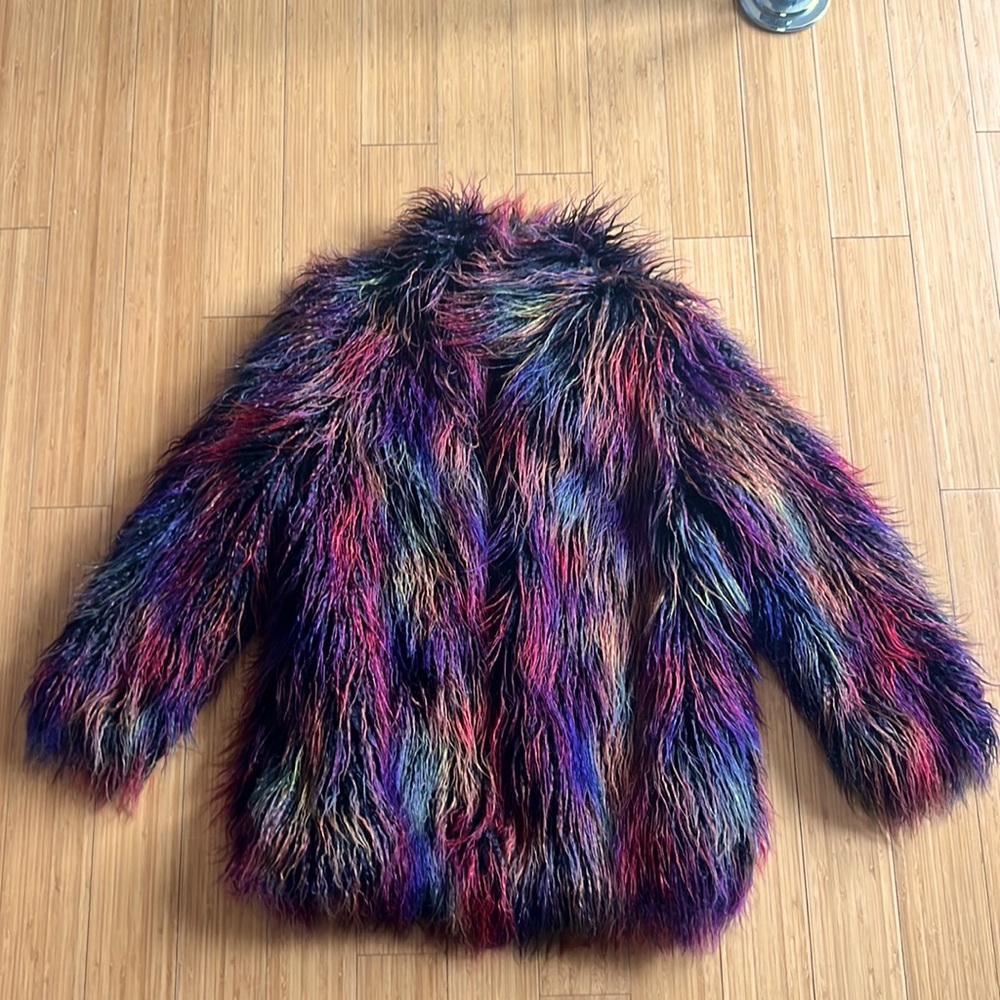 Fabulous Furs FAUX FUR dark multi colored shag coat